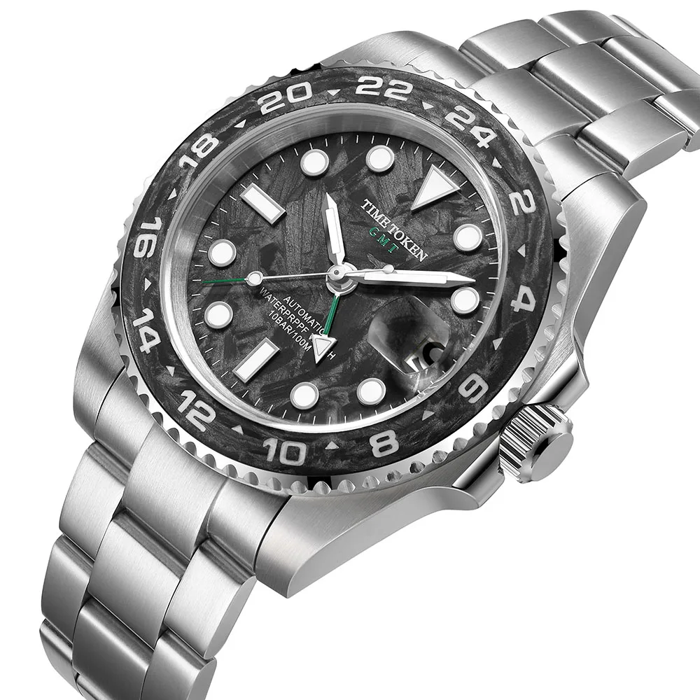 TIME TOKEN GMT Watches Carbon Fiber Sapphire Mechanical Watch 10Bar Waterproof 40mm Luxury Diver Men Wristwatch reloj hombre