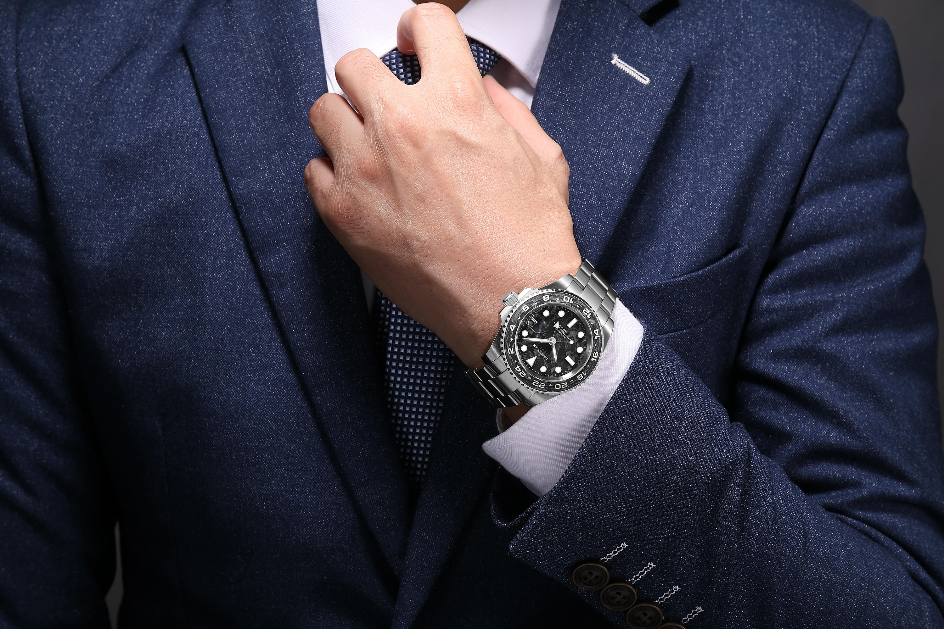 TIME TOKEN GMT Watches Carbon Fiber Sapphire Mechanical Watch 10Bar Waterproof 40mm Luxury Diver Men Wristwatch reloj hombre