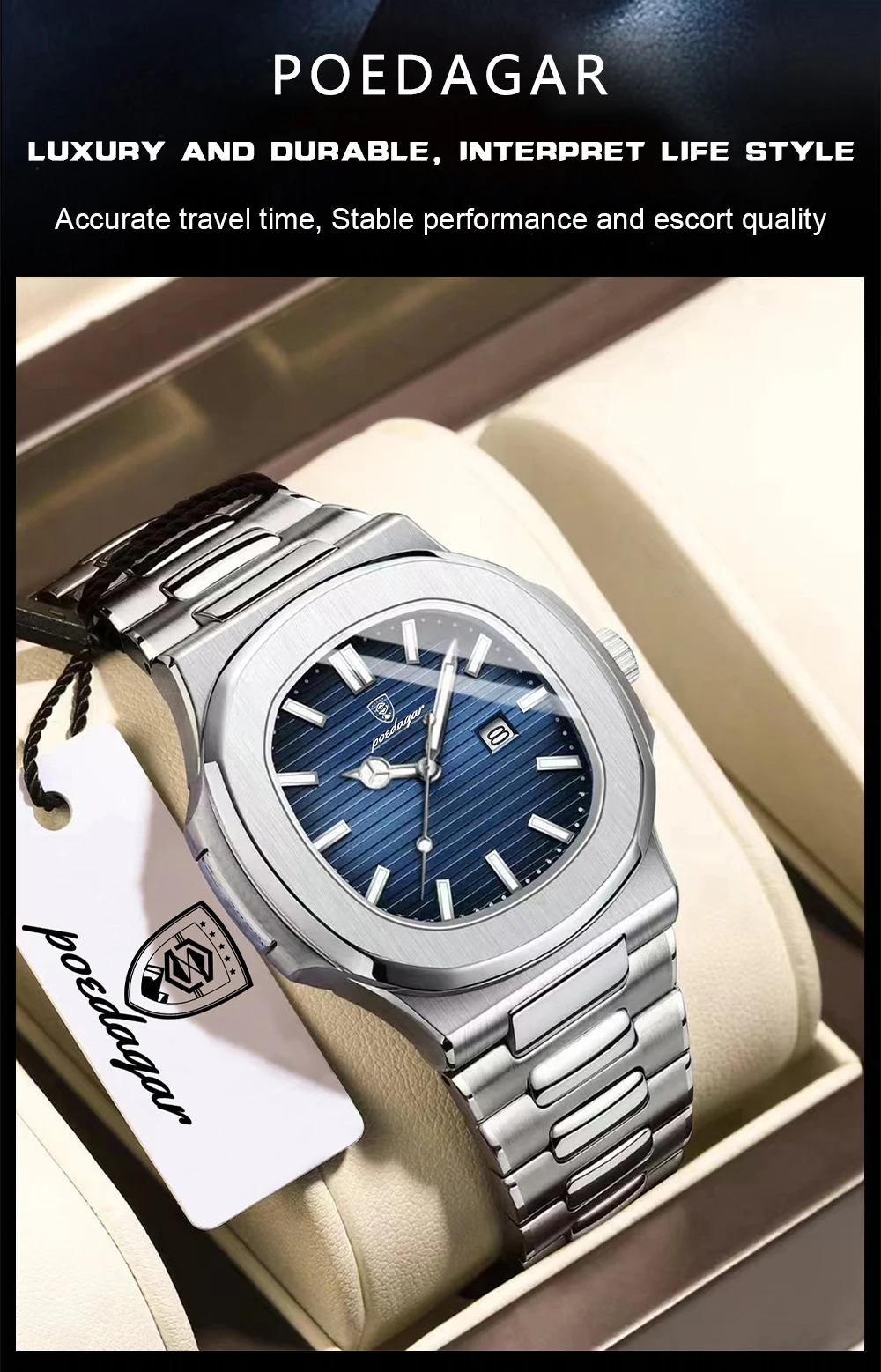 POEDAGAR Casual Couple Watch Waterproof Luminous Date Stainless Steel Love Wristwatch Square Quartz Watches for Boyfriend Reloj