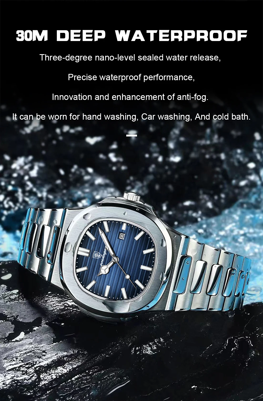 POEDAGAR Casual Couple Watch Waterproof Luminous Date Stainless Steel Love Wristwatch Square Quartz Watches for Boyfriend Reloj