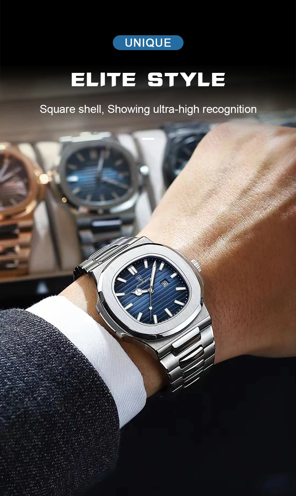 POEDAGAR Casual Couple Watch Waterproof Luminous Date Stainless Steel Love Wristwatch Square Quartz Watches for Boyfriend Reloj