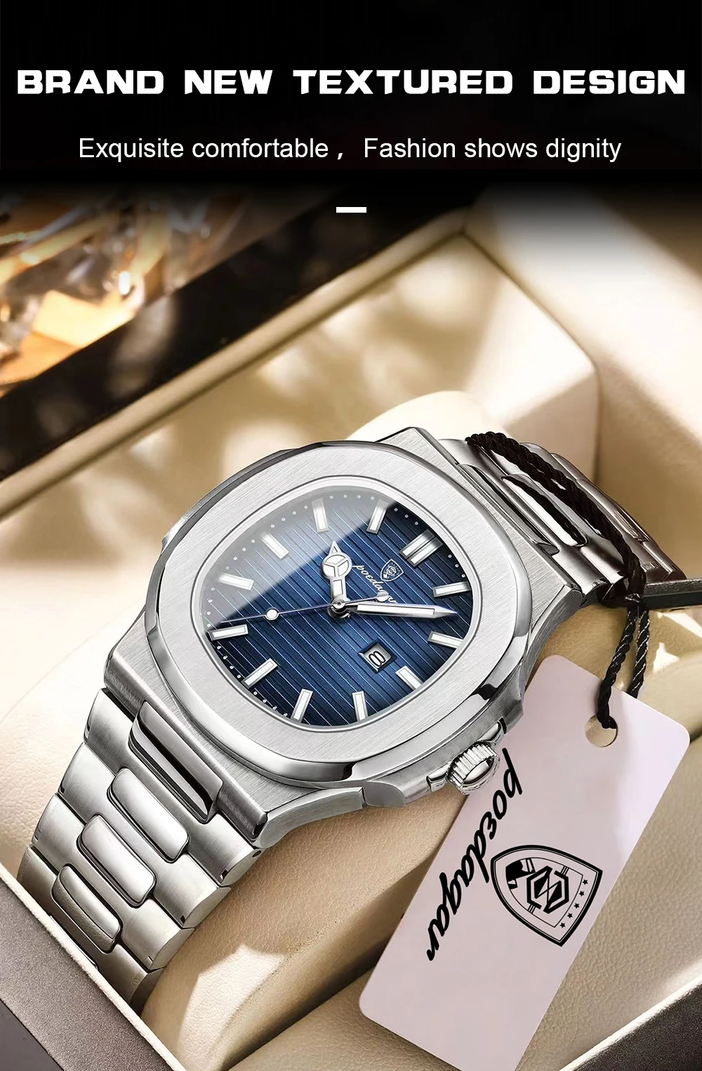 POEDAGAR Casual Couple Watch Waterproof Luminous Date Stainless Steel Love Wristwatch Square Quartz Watches for Boyfriend Reloj