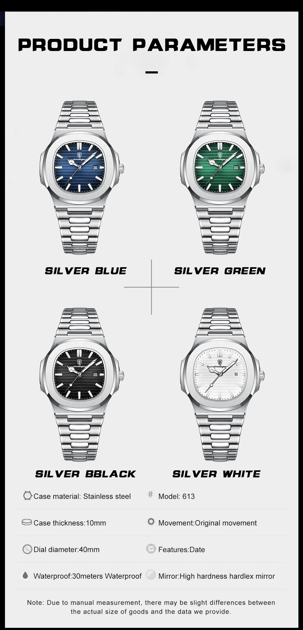 POEDAGAR Casual Couple Watch Waterproof Luminous Date Stainless Steel Love Wristwatch Square Quartz Watches for Boyfriend Reloj