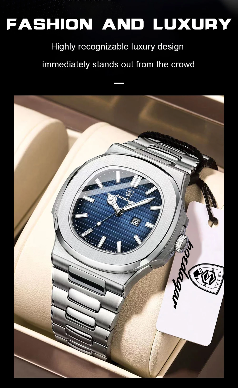 POEDAGAR Casual Couple Watch Waterproof Luminous Date Stainless Steel Love Wristwatch Square Quartz Watches for Boyfriend Reloj