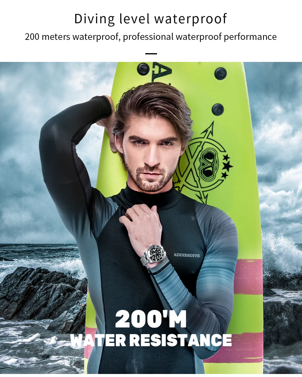 ADDIESDIVE Stainless Steel Watch Men's European and American Business Casual Quartz Watch 200M Waterproof Outdoor Analog Watches