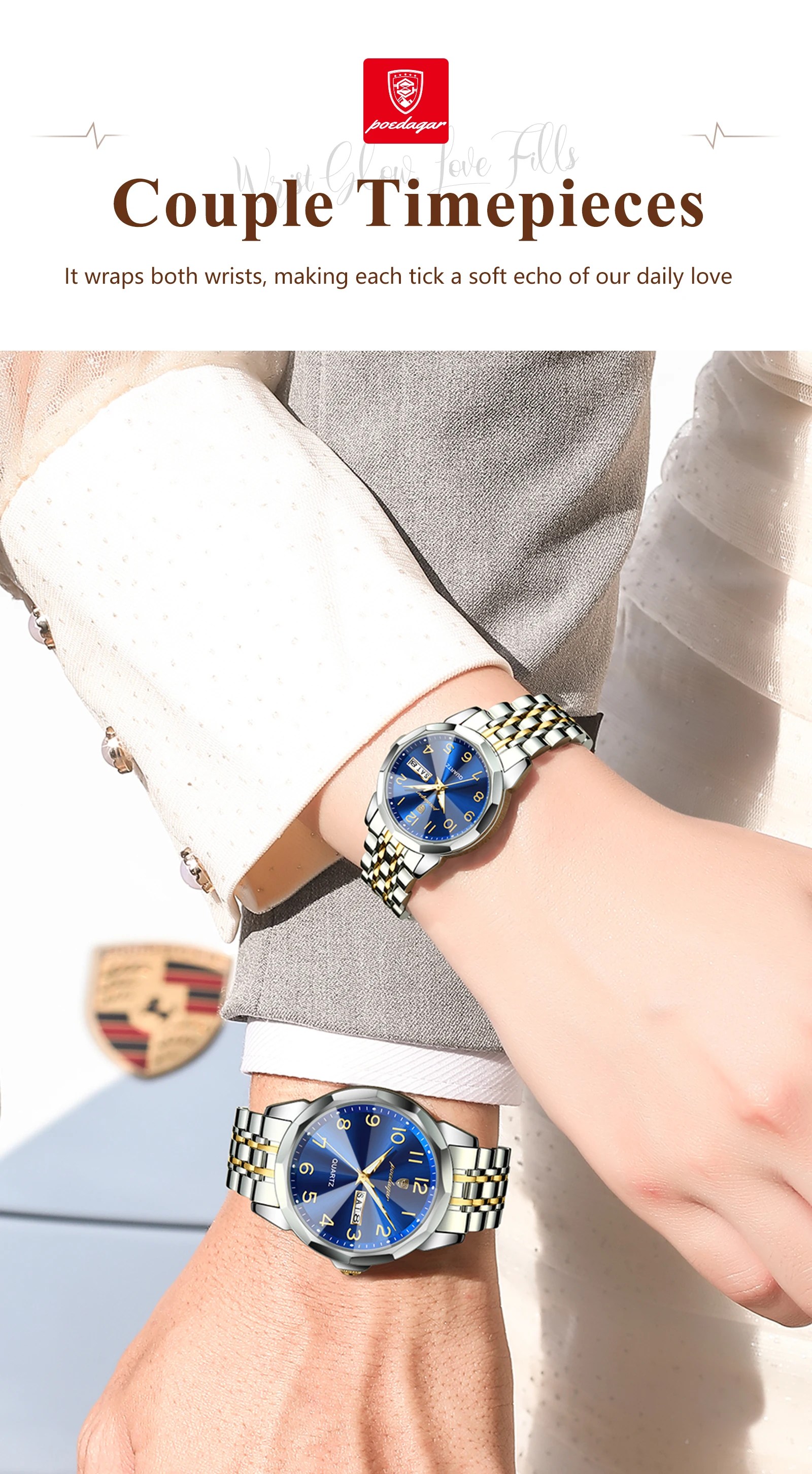 POEDAGAR Top Fashion Watches For Couple Waterproof Date Week Couple's Watches Quartz Stainless Steel Couple Watch Lovers Set+Box