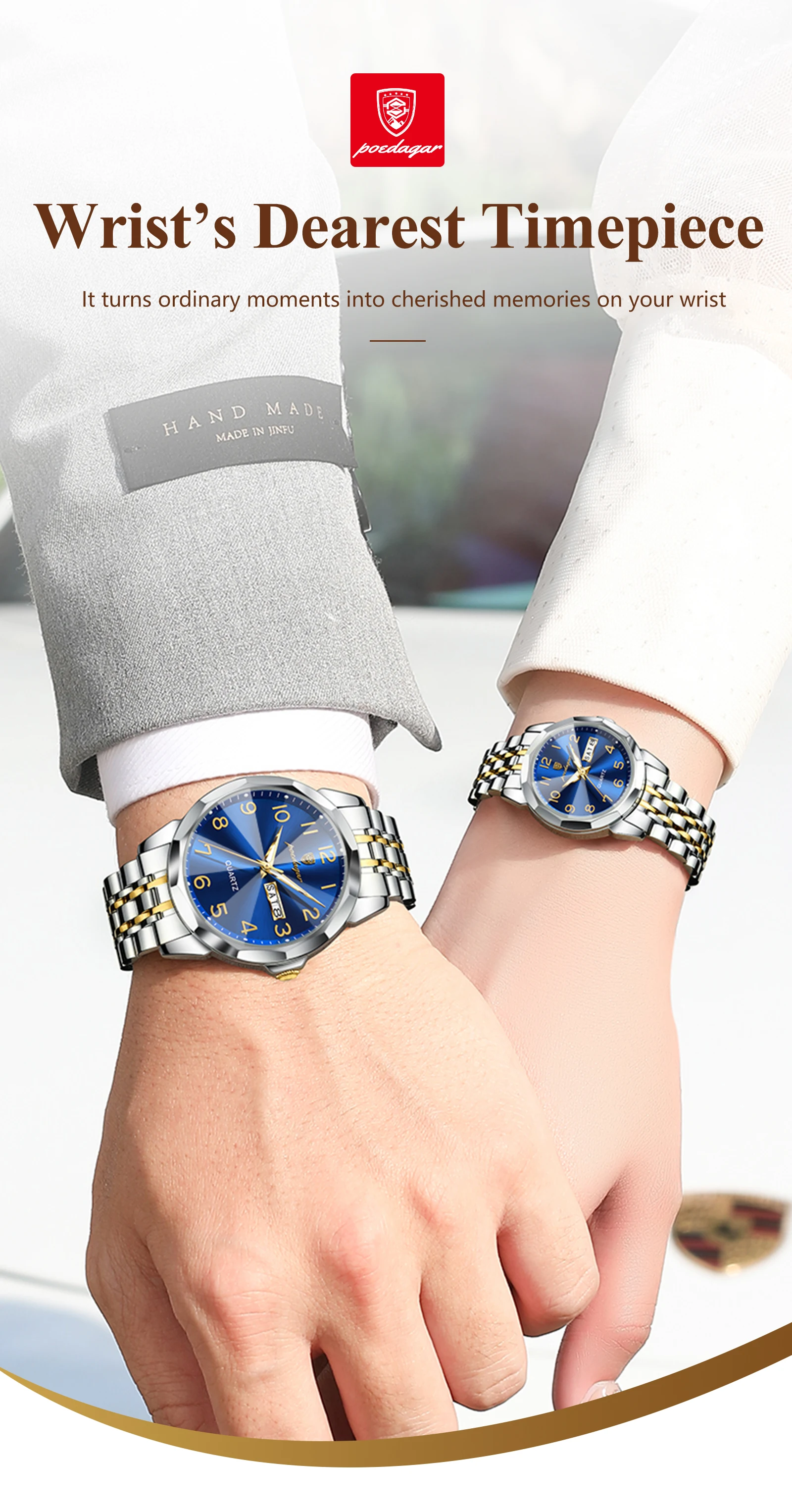 POEDAGAR Top Fashion Watches For Couple Waterproof Date Week Couple's Watches Quartz Stainless Steel Couple Watch Lovers Set+Box