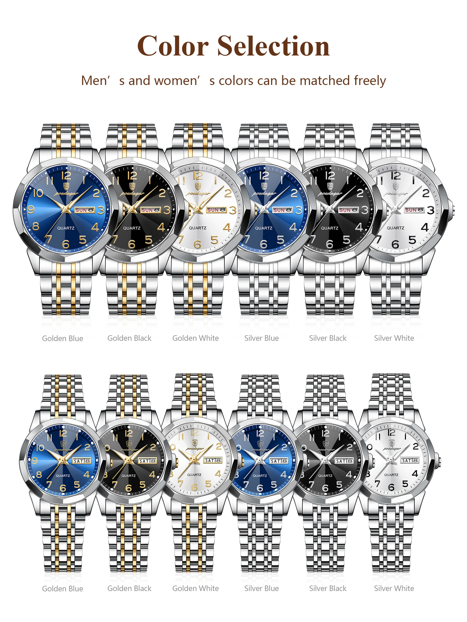 POEDAGAR Top Fashion Watches For Couple Waterproof Date Week Couple's Watches Quartz Stainless Steel Couple Watch Lovers Set+Box