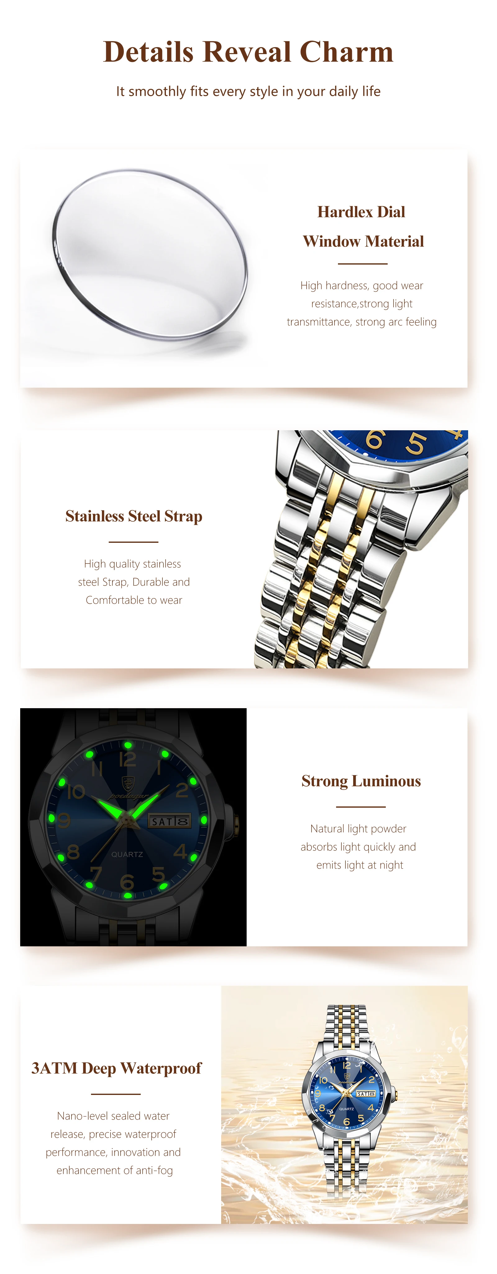 POEDAGAR Top Fashion Watches For Couple Waterproof Date Week Couple's Watches Quartz Stainless Steel Couple Watch Lovers Set+Box