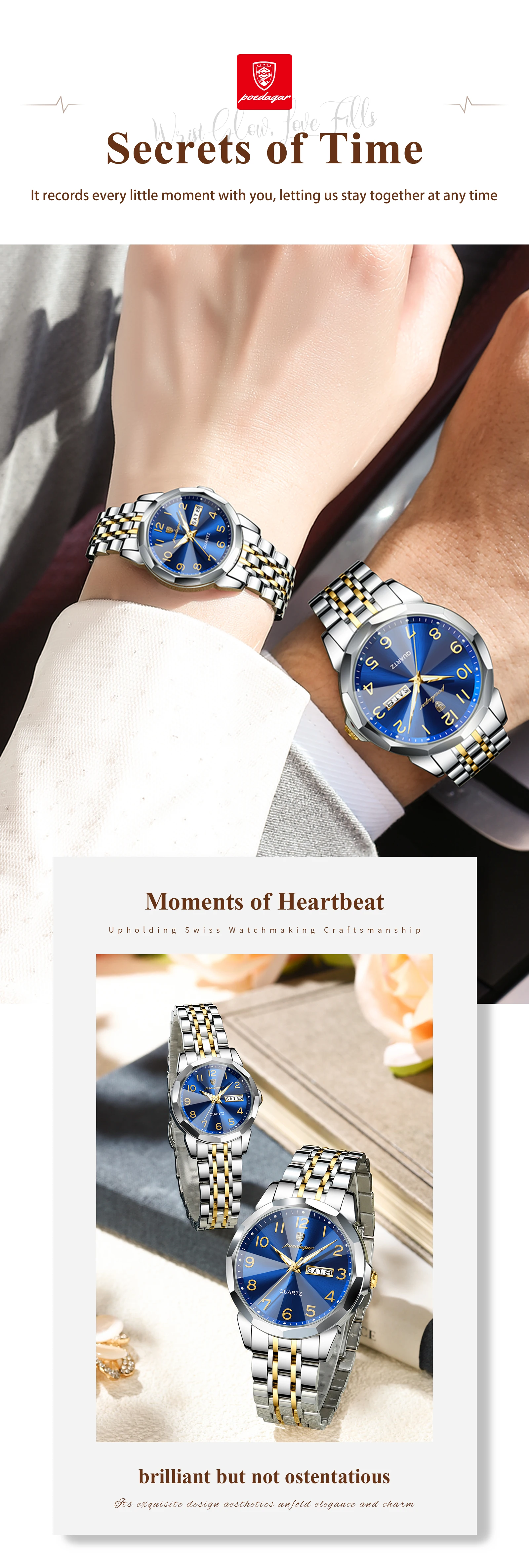 POEDAGAR Top Fashion Watches For Couple Waterproof Date Week Couple's Watches Quartz Stainless Steel Couple Watch Lovers Set+Box