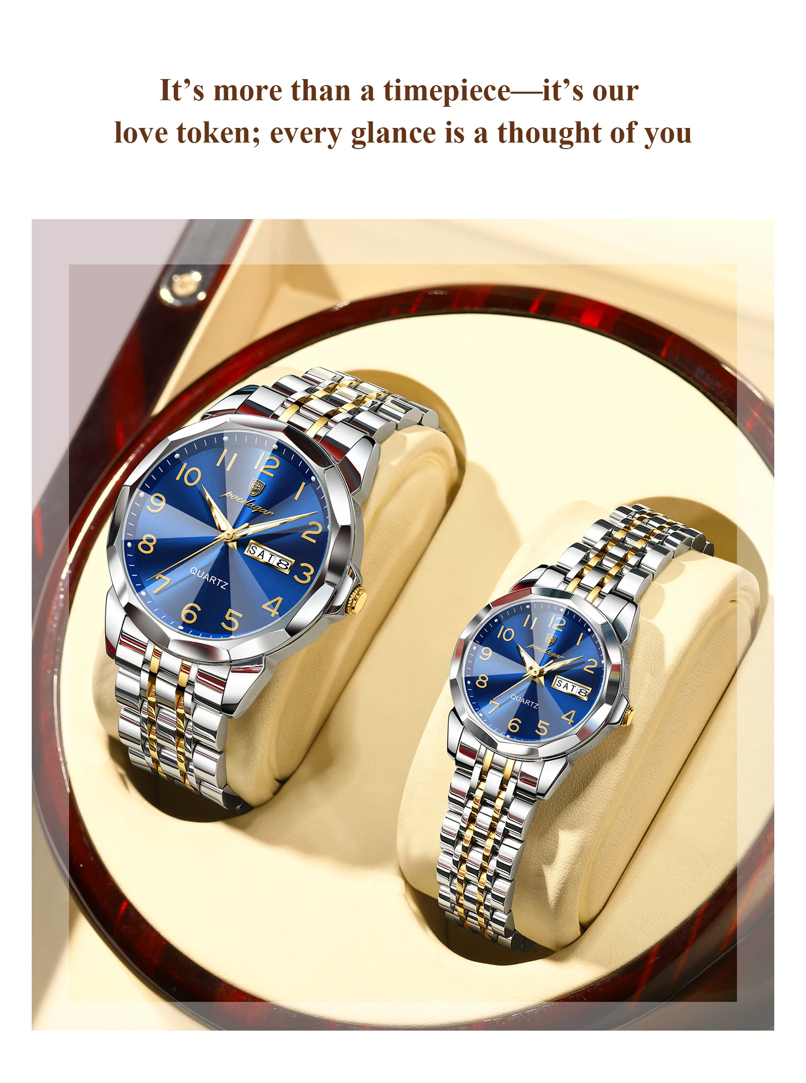 POEDAGAR Top Fashion Watches For Couple Waterproof Date Week Couple's Watches Quartz Stainless Steel Couple Watch Lovers Set+Box