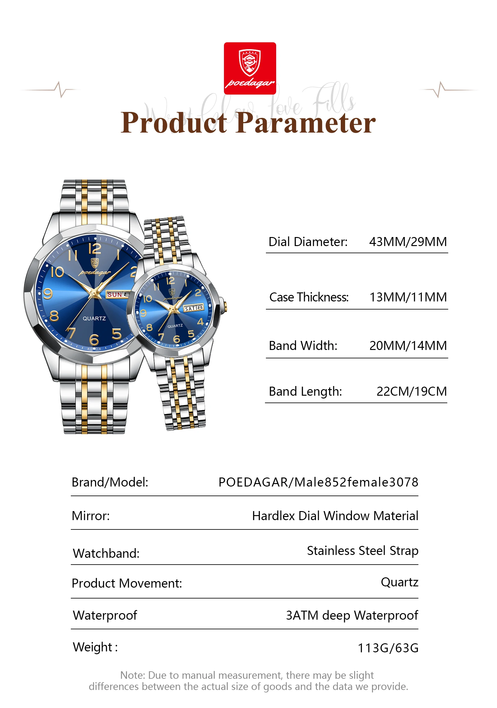 POEDAGAR Top Fashion Watches For Couple Waterproof Date Week Couple's Watches Quartz Stainless Steel Couple Watch Lovers Set+Box