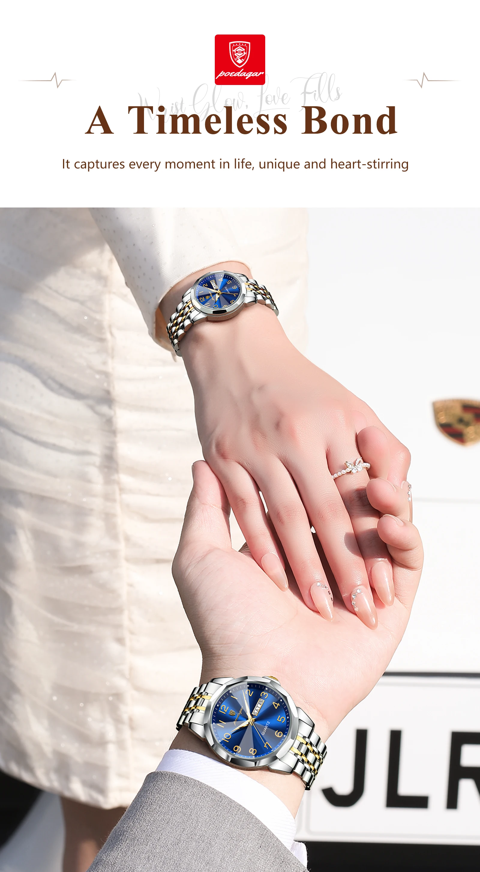 POEDAGAR Top Fashion Watches For Couple Waterproof Date Week Couple's Watches Quartz Stainless Steel Couple Watch Lovers Set+Box