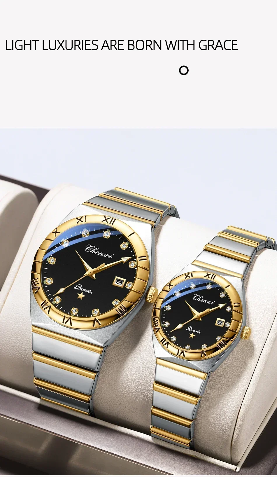 CHENXI Fashion Luxury Couple Quartz Watch Waterproof Glow Luminous Date Week Function Durable Comfortable Wristwatch for Lovers