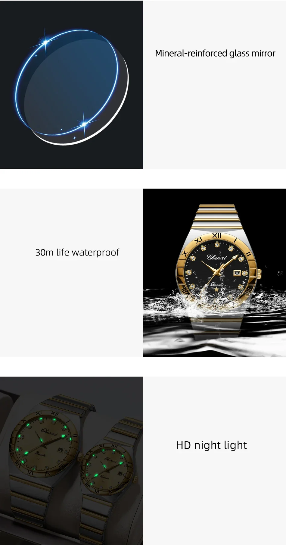 CHENXI Fashion Luxury Couple Quartz Watch Waterproof Glow Luminous Date Week Function Durable Comfortable Wristwatch for Lovers