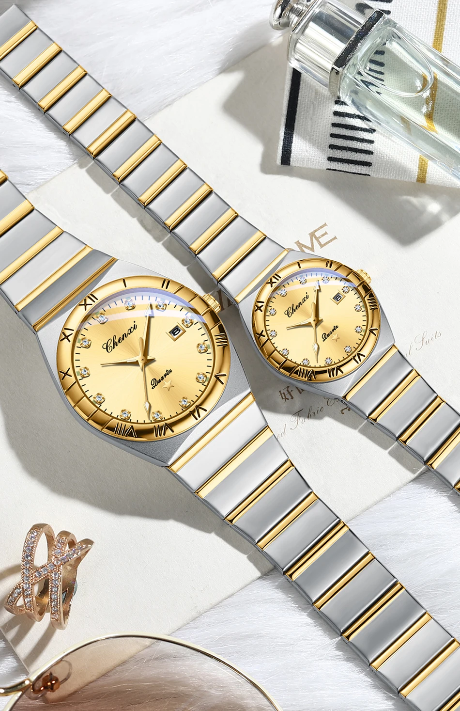 CHENXI Fashion Luxury Couple Quartz Watch Waterproof Glow Luminous Date Week Function Durable Comfortable Wristwatch for Lovers