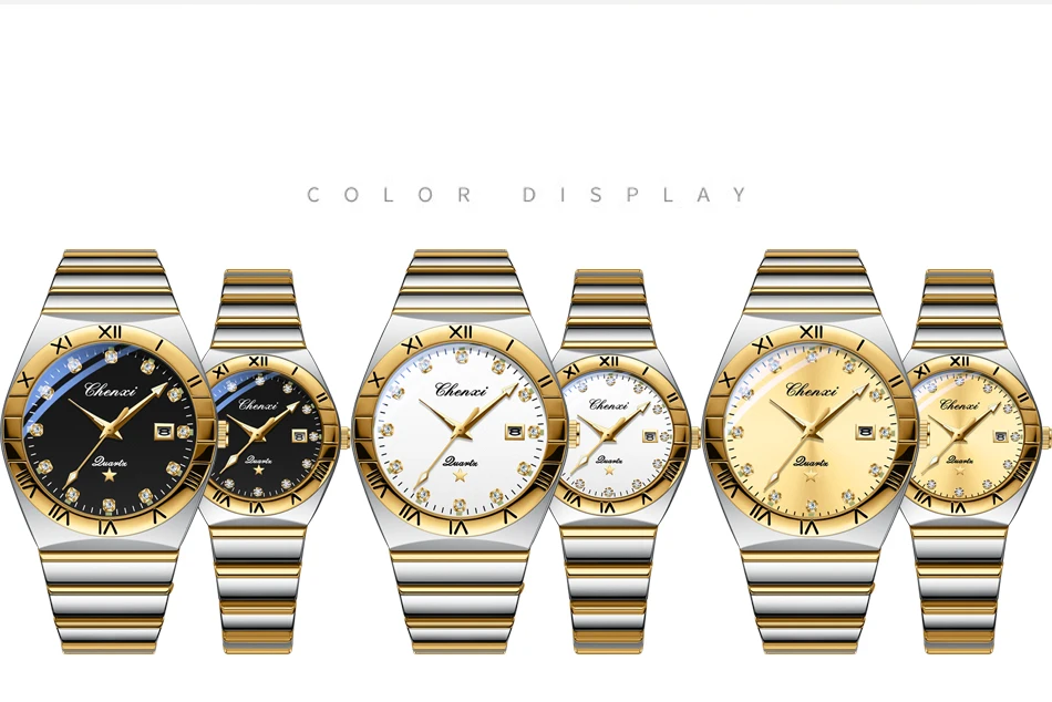 CHENXI Fashion Luxury Couple Quartz Watch Waterproof Glow Luminous Date Week Function Durable Comfortable Wristwatch for Lovers