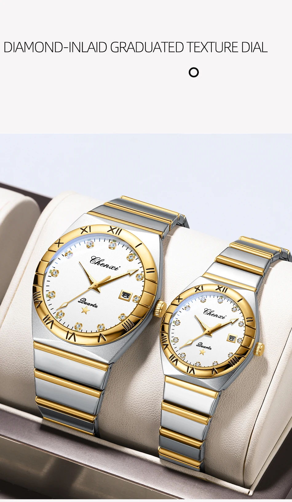 CHENXI Fashion Luxury Couple Quartz Watch Waterproof Glow Luminous Date Week Function Durable Comfortable Wristwatch for Lovers