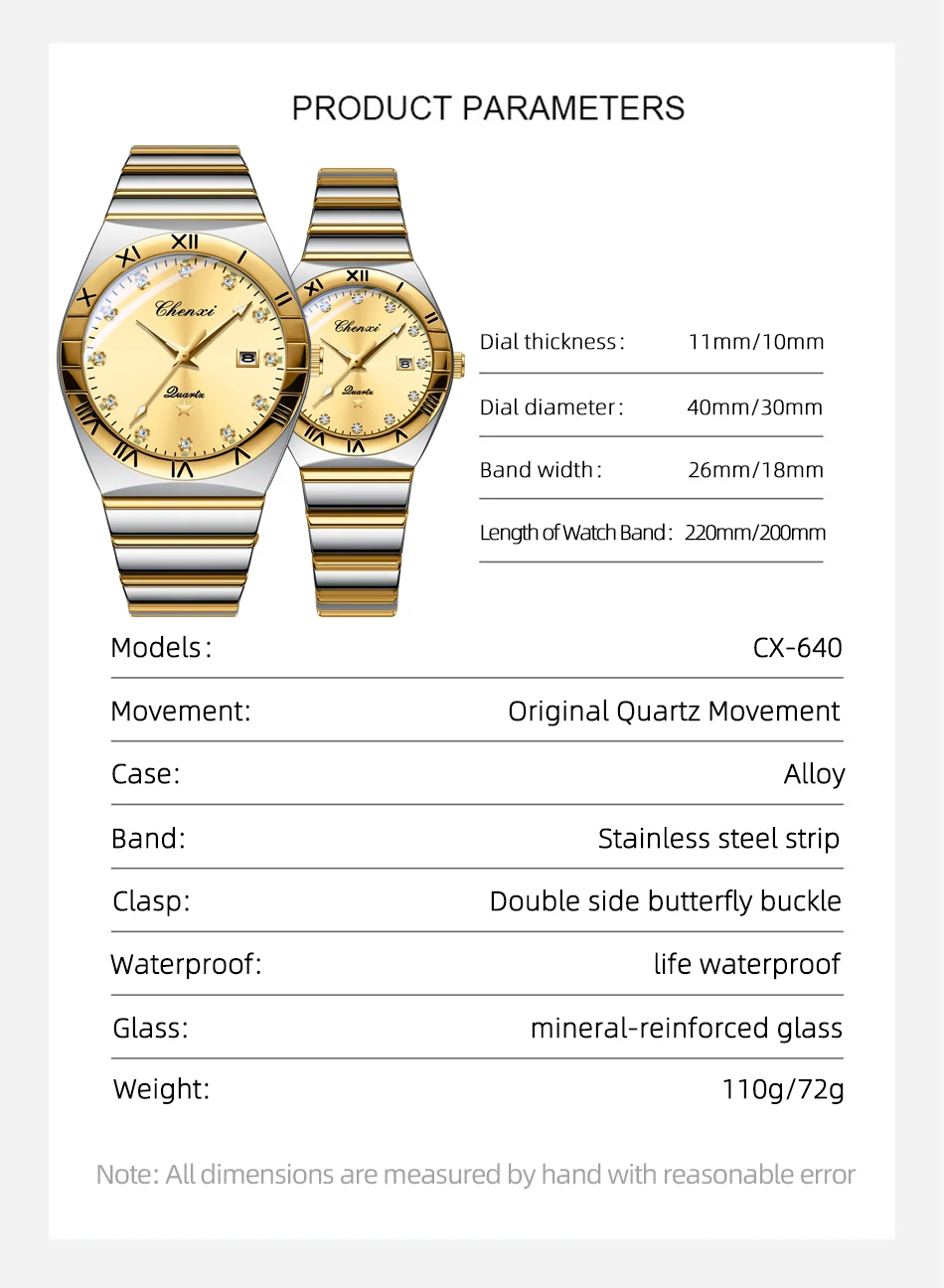 CHENXI Fashion Luxury Couple Quartz Watch Waterproof Glow Luminous Date Week Function Durable Comfortable Wristwatch for Lovers