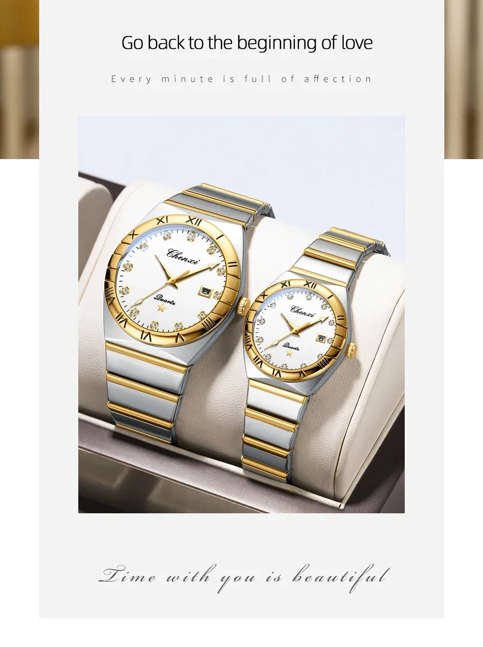 CHENXI Fashion Luxury Couple Quartz Watch Waterproof Glow Luminous Date Week Function Durable Comfortable Wristwatch for Lovers