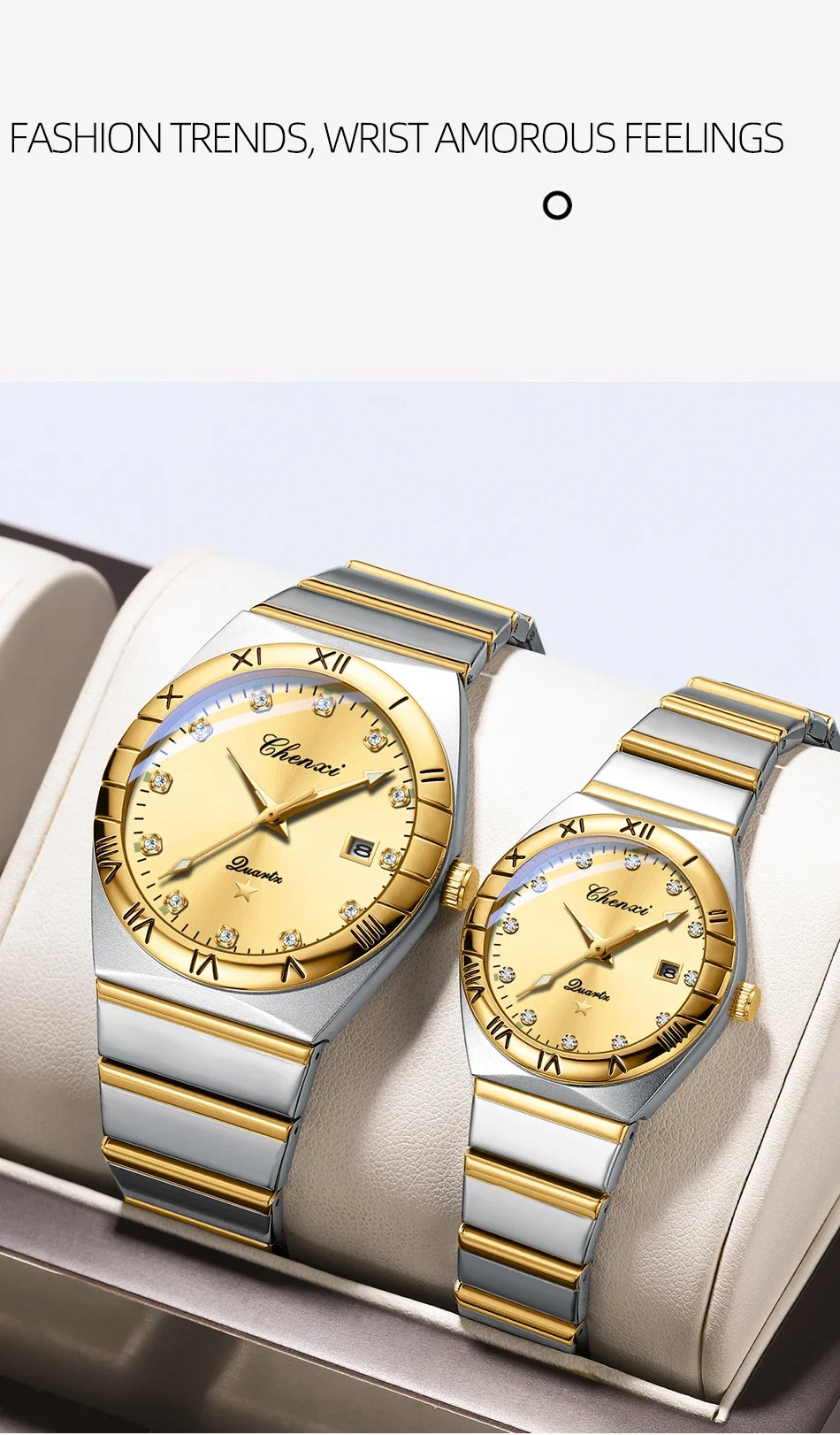 CHENXI Fashion Luxury Couple Quartz Watch Waterproof Glow Luminous Date Week Function Durable Comfortable Wristwatch for Lovers