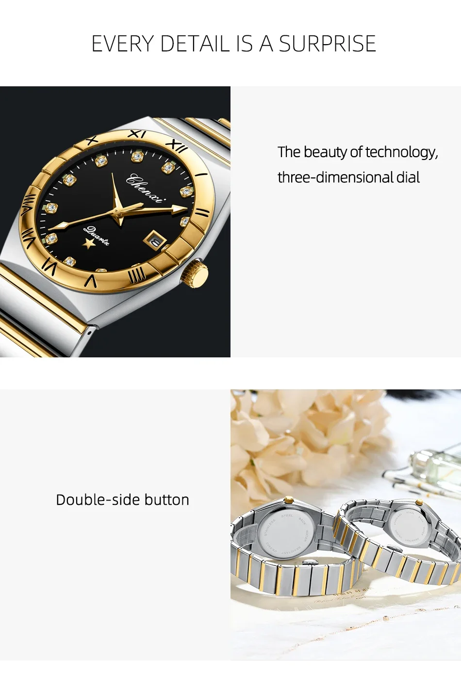 CHENXI Fashion Luxury Couple Quartz Watch Waterproof Glow Luminous Date Week Function Durable Comfortable Wristwatch for Lovers