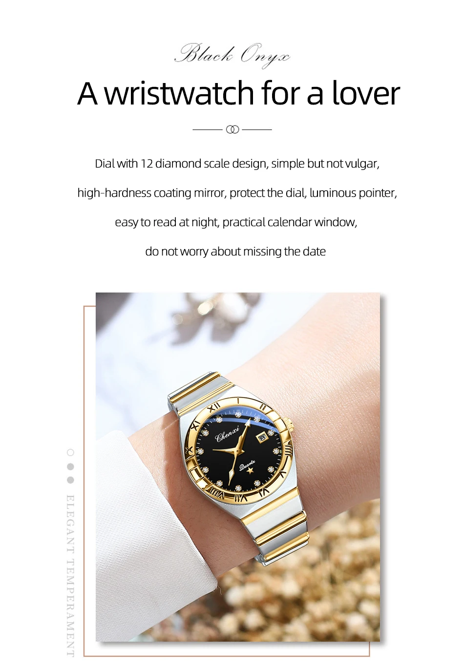 CHENXI Fashion Luxury Couple Quartz Watch Waterproof Glow Luminous Date Week Function Durable Comfortable Wristwatch for Lovers