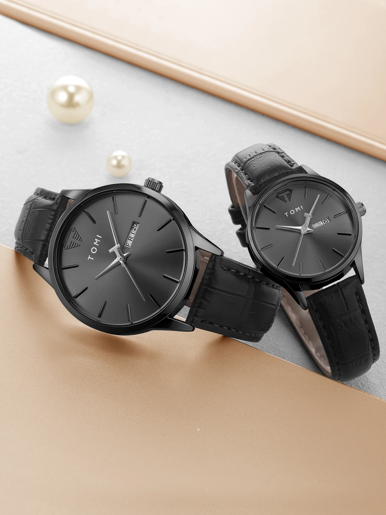 TOMI Two-Piece Casual Minimalist Men's And Women's Couple Watch Luxury Circular Large Dial Calendar Quartz Watch Clock Gift