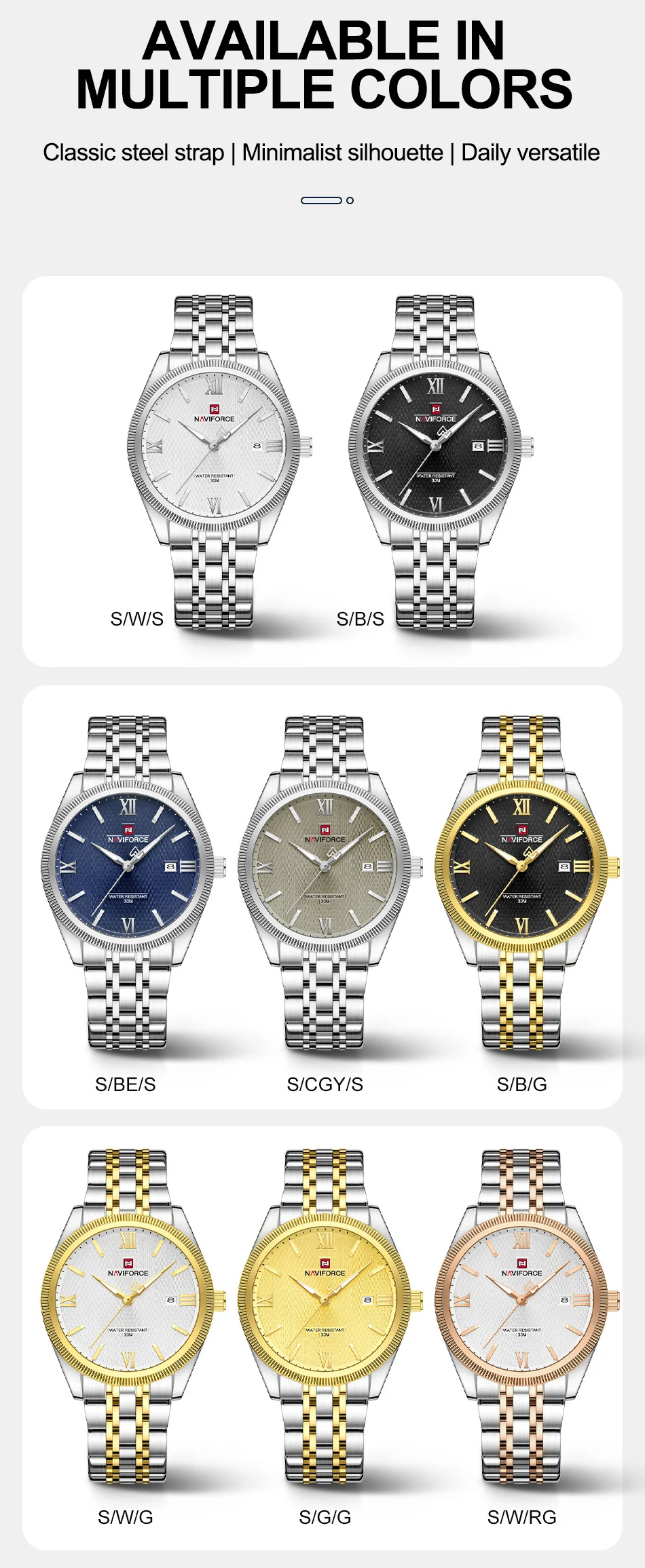 NAVIFORCE Quartz Lover Watches Calendar Display 3ATM Waterproof Stainless Steel Strap Fashion Luxury Wristwatch for Couple Gifts