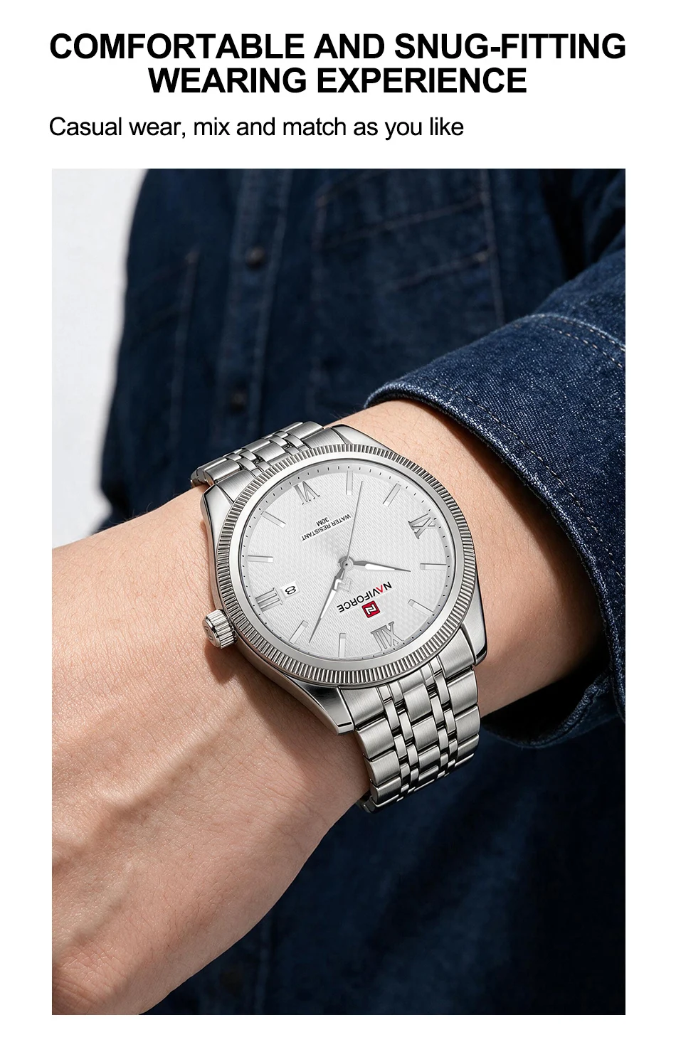 NAVIFORCE Quartz Lover Watches Calendar Display 3ATM Waterproof Stainless Steel Strap Fashion Luxury Wristwatch for Couple Gifts