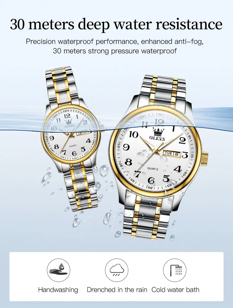 OLEVS New Fashion Couple Watch for Men Women Luxury Stainless Steel Waterproof Quartz Watches Week Calendar Lovers Wristwatch