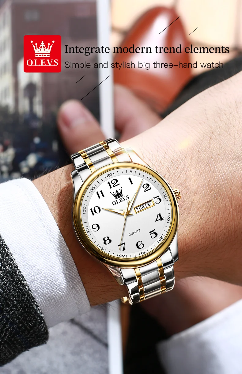 OLEVS New Fashion Couple Watch for Men Women Luxury Stainless Steel Waterproof Quartz Watches Week Calendar Lovers Wristwatch