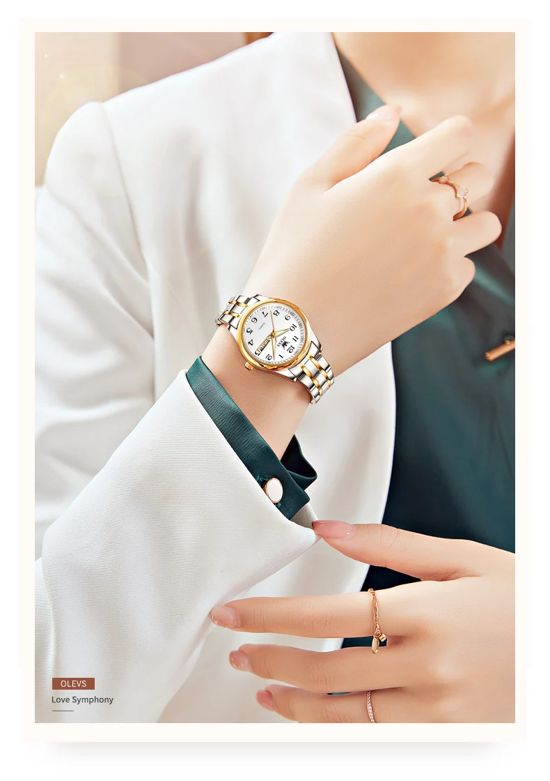 OLEVS New Fashion Couple Watch for Men Women Luxury Stainless Steel Waterproof Quartz Watches Week Calendar Lovers Wristwatch