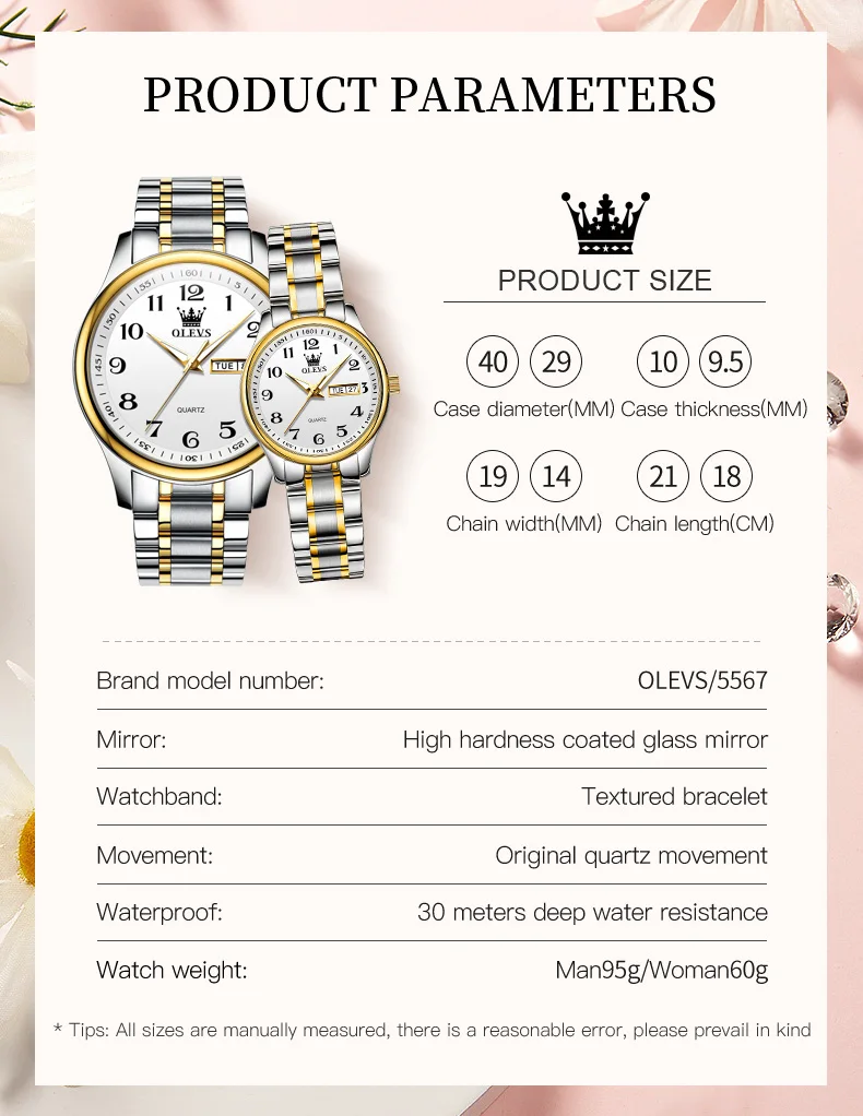 OLEVS New Fashion Couple Watch for Men Women Luxury Stainless Steel Waterproof Quartz Watches Week Calendar Lovers Wristwatch