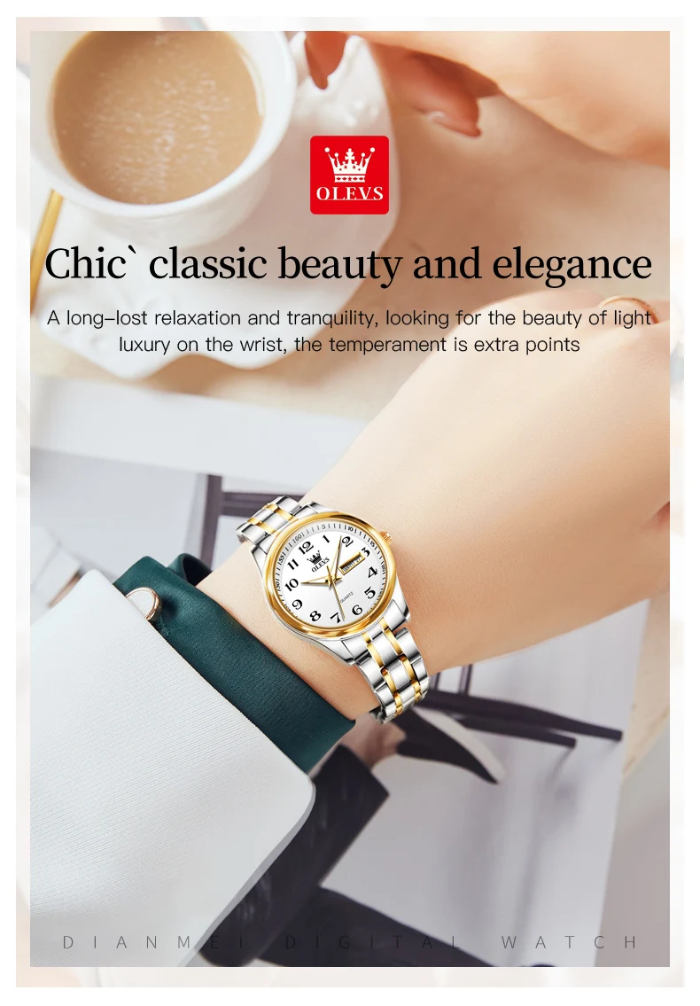 OLEVS New Fashion Couple Watch for Men Women Luxury Stainless Steel Waterproof Quartz Watches Week Calendar Lovers Wristwatch