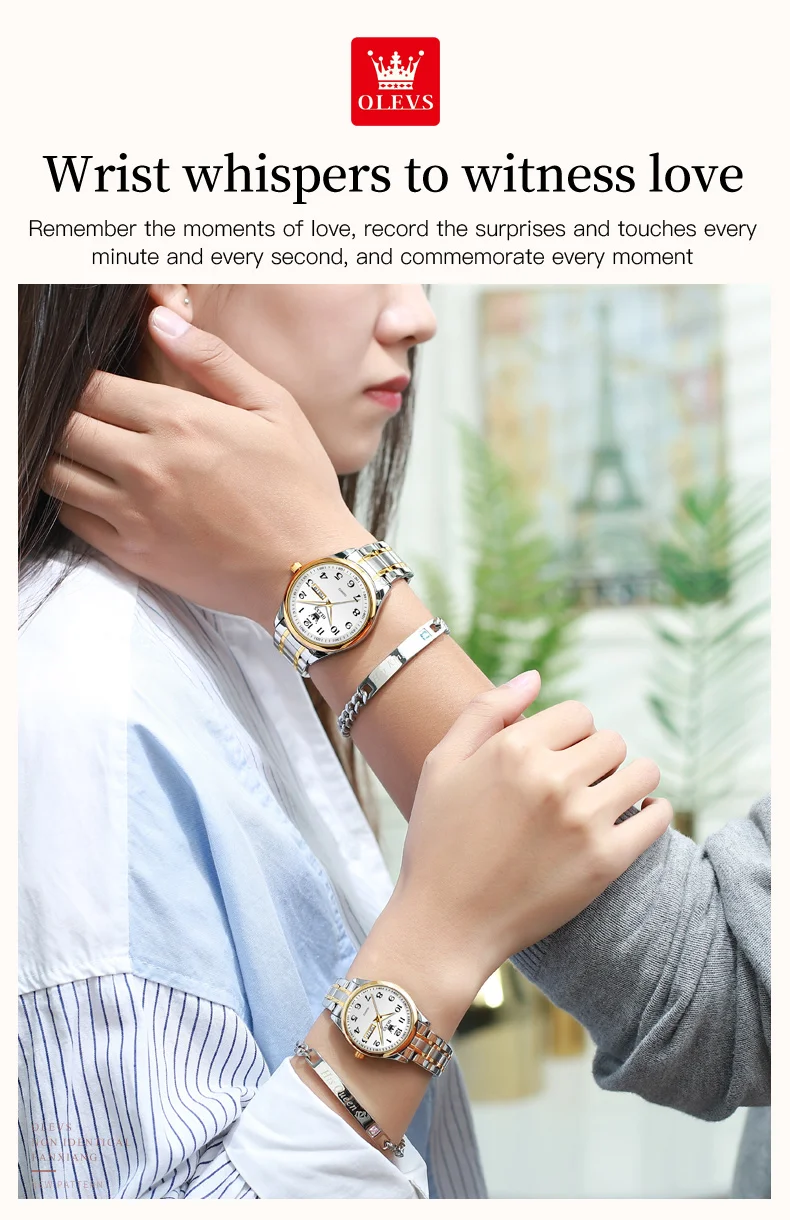 OLEVS New Fashion Couple Watch for Men Women Luxury Stainless Steel Waterproof Quartz Watches Week Calendar Lovers Wristwatch