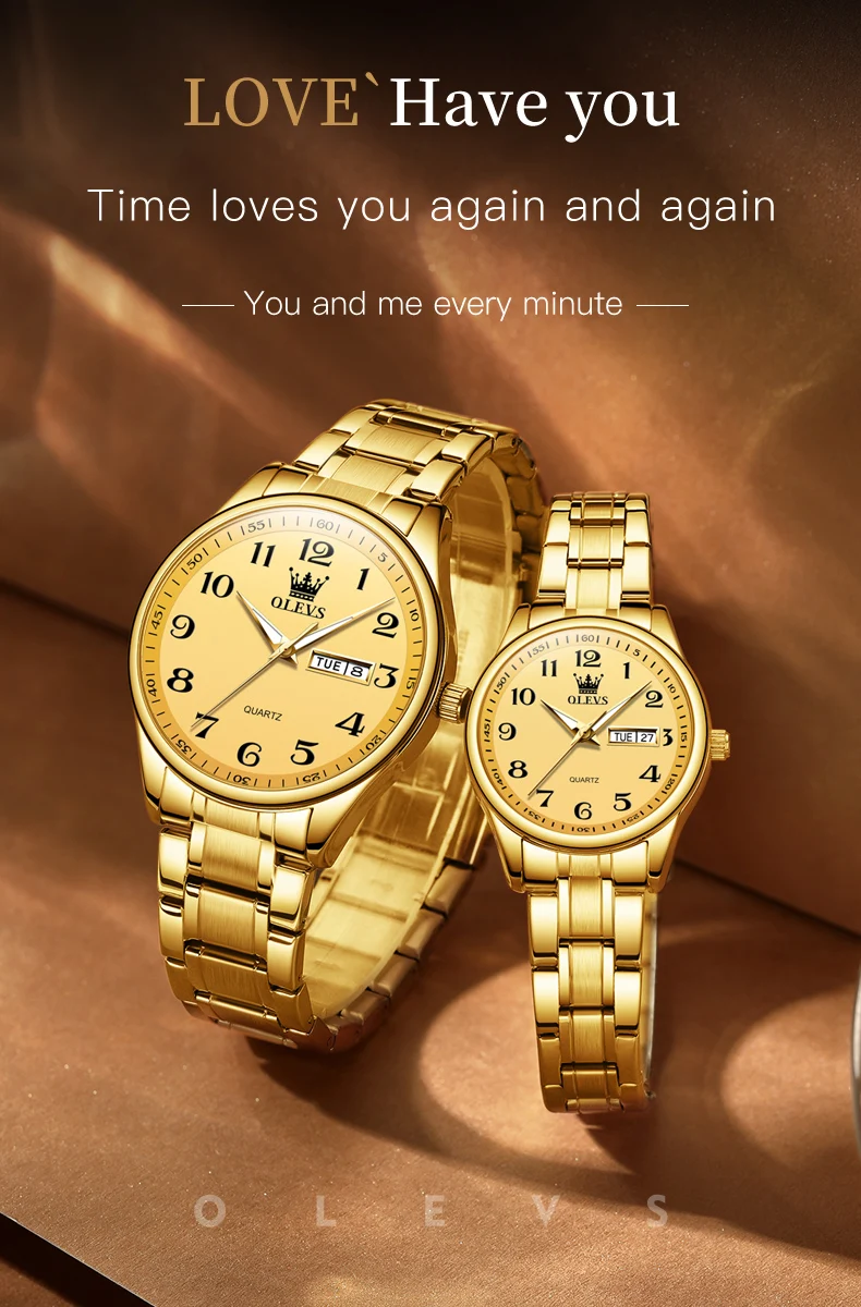 OLEVS New Fashion Couple Watch for Men Women Luxury Stainless Steel Waterproof Quartz Watches Week Calendar Lovers Wristwatch