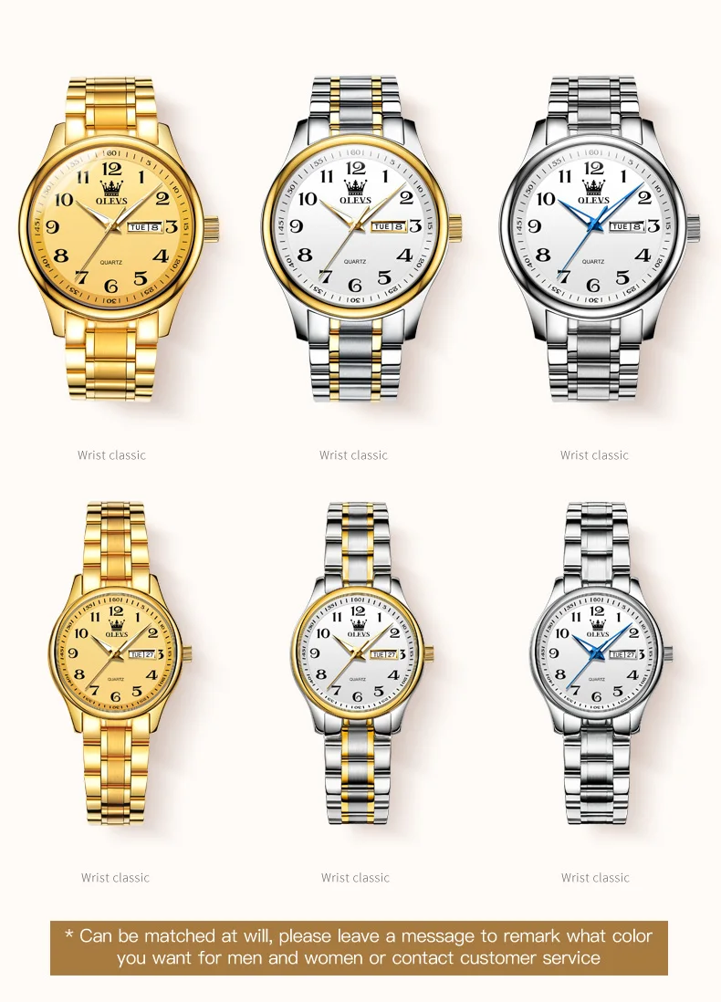 OLEVS New Fashion Couple Watch for Men Women Luxury Stainless Steel Waterproof Quartz Watches Week Calendar Lovers Wristwatch