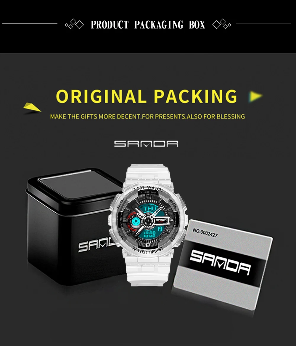 Fashion Sanda Top Brand Women Transparent Watches Waterproof Multi-function Luminous Sports Double Display Couple ElectronicBr
