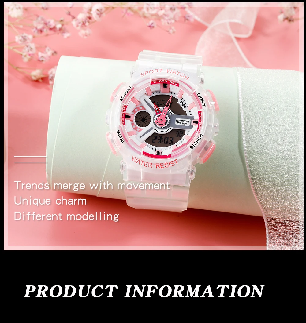 Fashion Sanda Top Brand Women Transparent Watches Waterproof Multi-function Luminous Sports Double Display Couple ElectronicBr