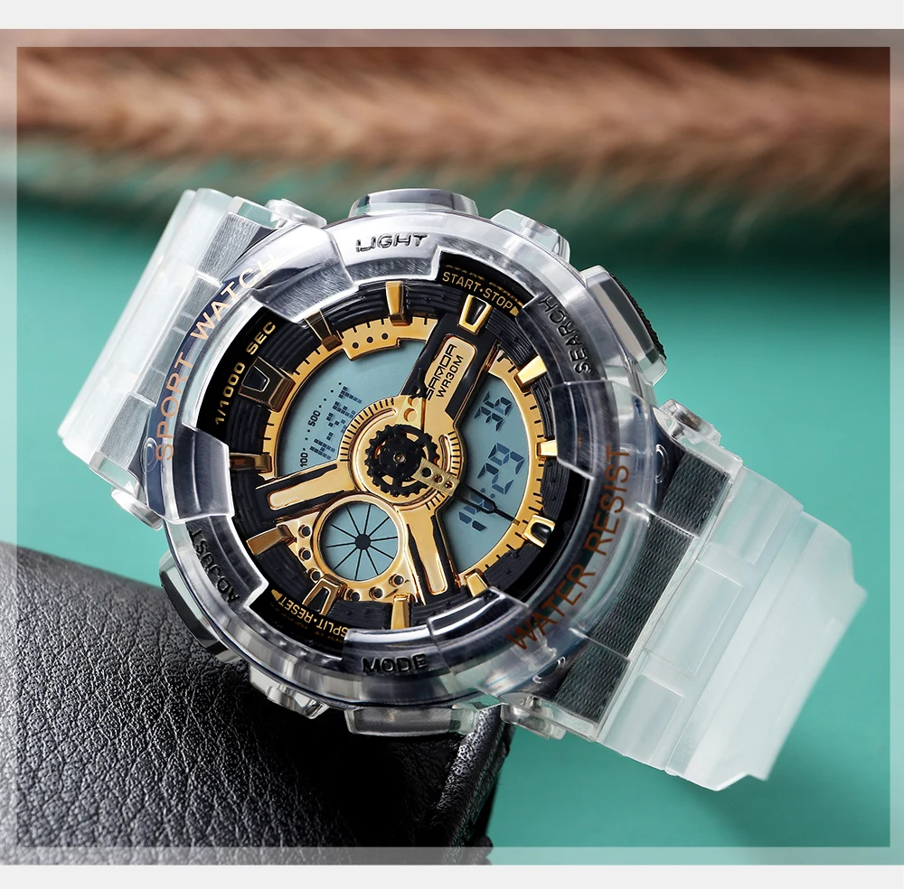 Fashion Sanda Top Brand Women Transparent Watches Waterproof Multi-function Luminous Sports Double Display Couple ElectronicBr