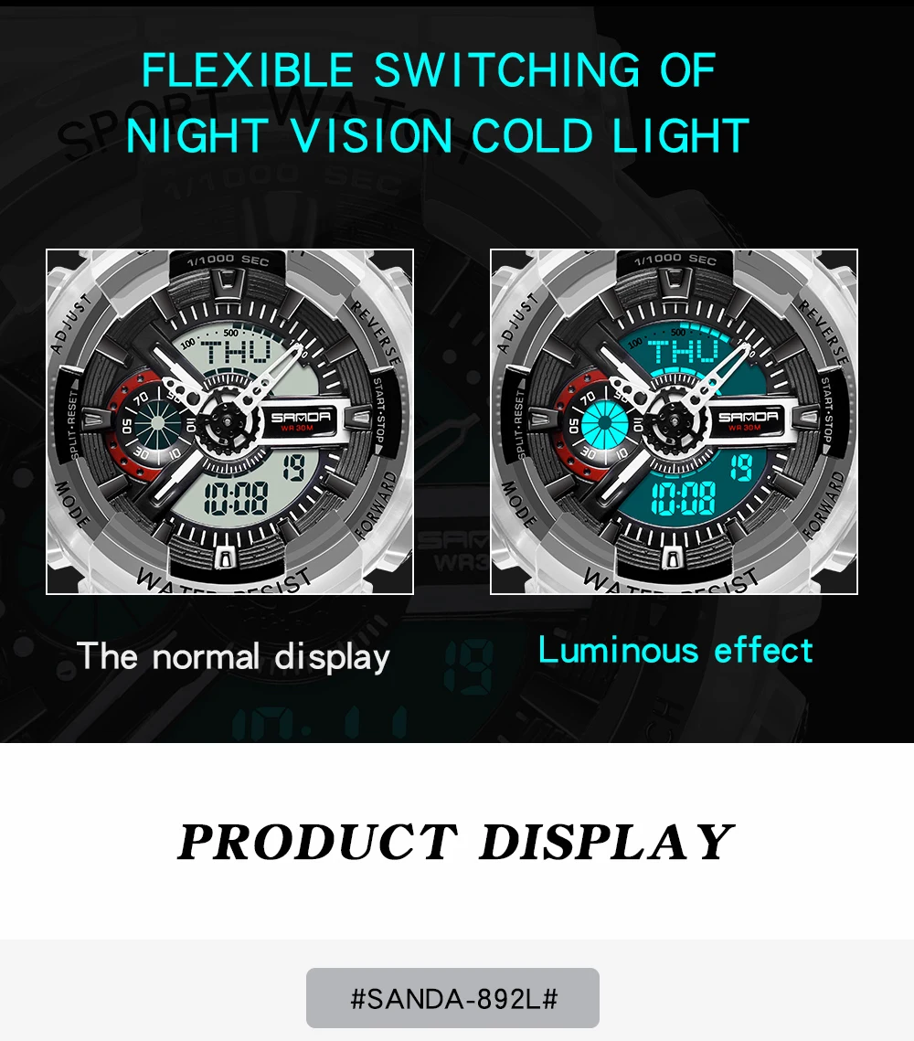 Fashion Sanda Top Brand Women Transparent Watches Waterproof Multi-function Luminous Sports Double Display Couple ElectronicBr