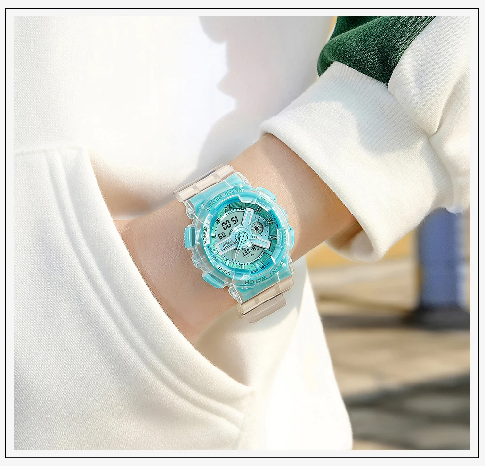 Fashion Sanda Top Brand Women Transparent Watches Waterproof Multi-function Luminous Sports Double Display Couple ElectronicBr