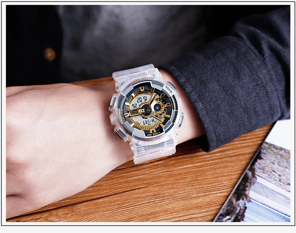 Fashion Sanda Top Brand Women Transparent Watches Waterproof Multi-function Luminous Sports Double Display Couple ElectronicBr