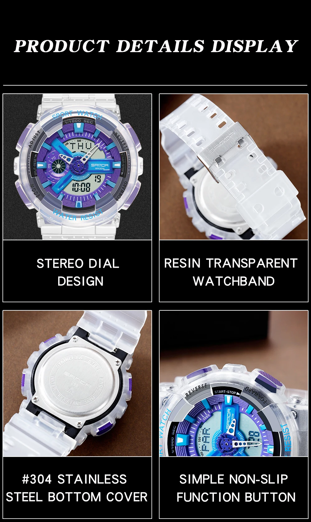 Fashion Sanda Top Brand Women Transparent Watches Waterproof Multi-function Luminous Sports Double Display Couple ElectronicBr