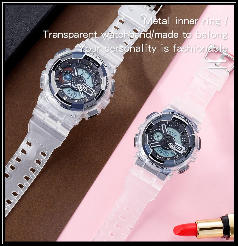 Fashion Sanda Top Brand Women Transparent Watches Waterproof Multi-function Luminous Sports Double Display Couple ElectronicBr