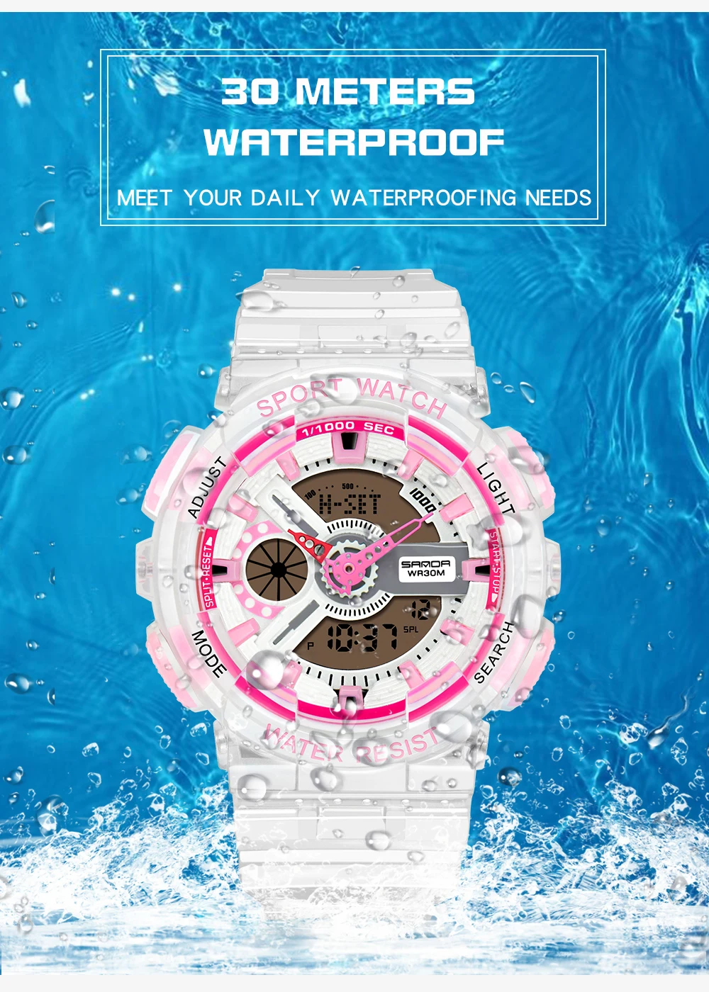 Fashion Sanda Top Brand Women Transparent Watches Waterproof Multi-function Luminous Sports Double Display Couple ElectronicBr
