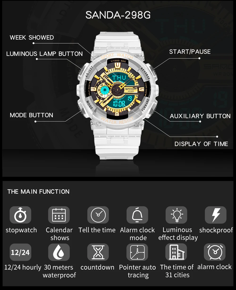 Fashion Sanda Top Brand Women Transparent Watches Waterproof Multi-function Luminous Sports Double Display Couple ElectronicBr