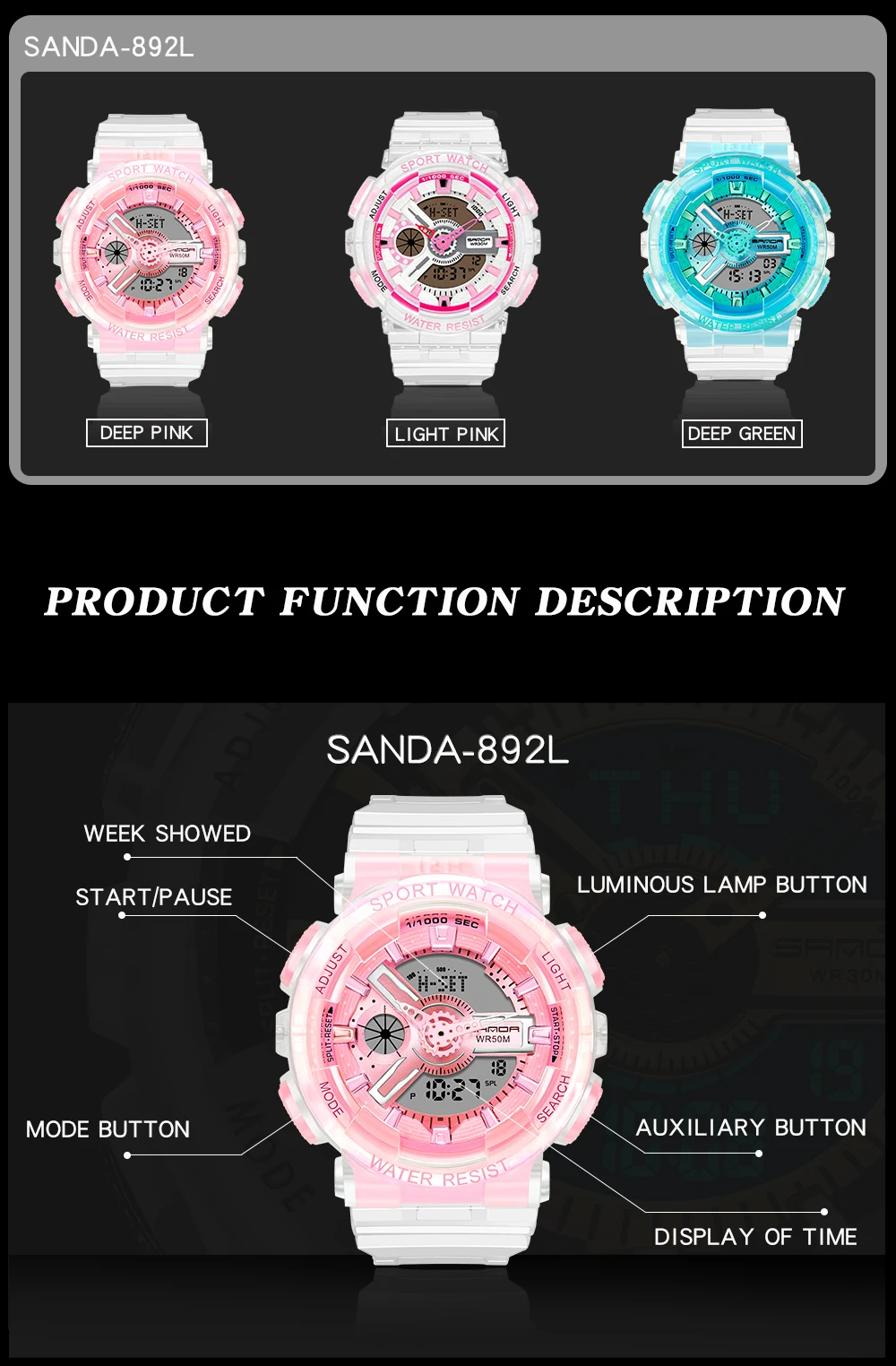 Fashion Sanda Top Brand Women Transparent Watches Waterproof Multi-function Luminous Sports Double Display Couple ElectronicBr