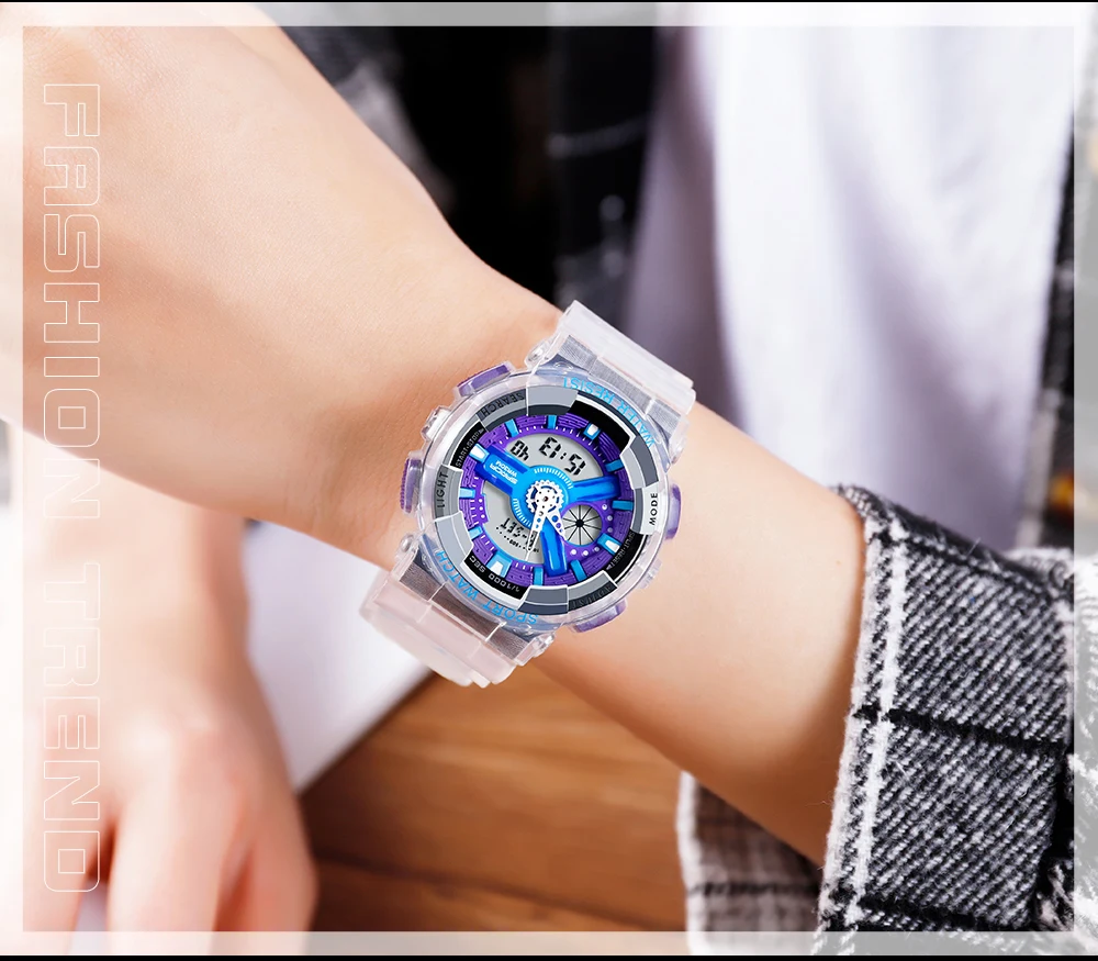 Fashion Sanda Top Brand Women Transparent Watches Waterproof Multi-function Luminous Sports Double Display Couple ElectronicBr